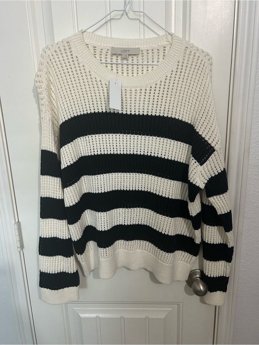 LOFT Black & White Striped Open-Knit Crew Sweater